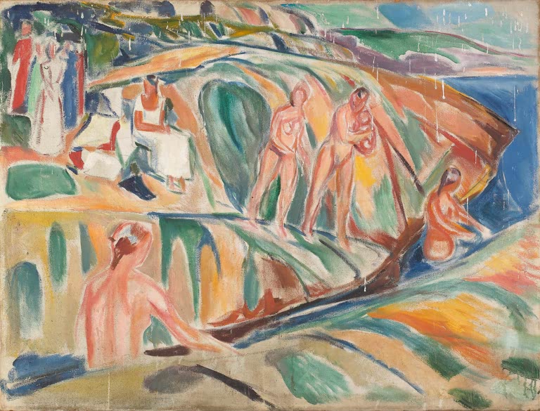Nackte Frauen baden und sonnen sich auf bunt gemaserten Felsen – Edvard Munch Sonnenbadende Frauen auf den Felsen Kunstkopie
