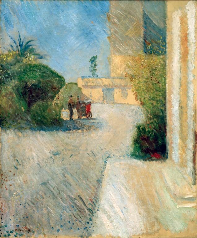 Sonnige Straße mit Palmen und hellen Häusern, im Hintergrund ein Kinderwagen – Edvard Munch Sonnentag (Nizza) Kunstkopie