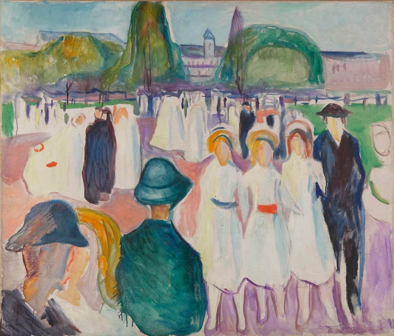 Weiß gekleidete Mädchen und dunkle Gestalten auf einem Weg – Edvard Munch Spaziergang im Frühling Kunstkopie