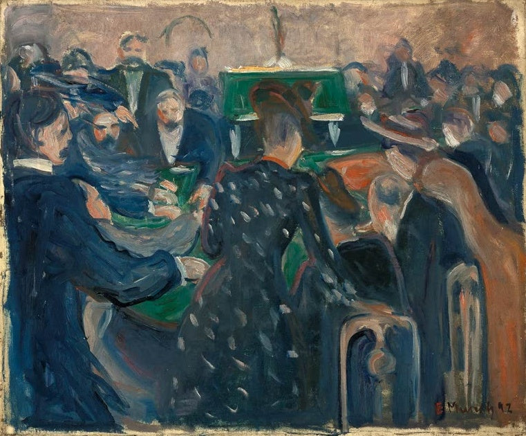 Edvard Munch Spieler in Monte Carlo Kunstkopie, dicht gedrängte Gäste am grünen Spieltisch in dunklen Blautönen