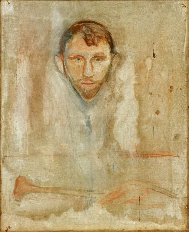 Kopf eines Mannes über einem Knochenarm auf hellem, fleckigem Grund – Edvard Munch Stanislaw Przybyszewski Kunstkopie