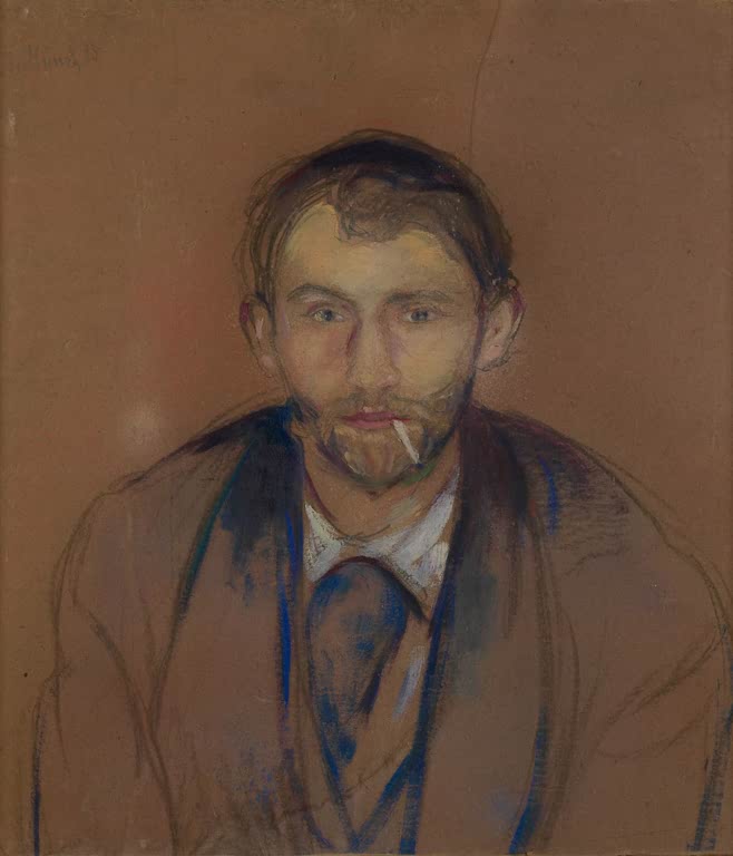 Bildnis eines Mannes mit Zigarette im Mundwinkel auf bräunlichem Karton – Edvard Munch Stanislaw Przybyszewski Kunstkopie