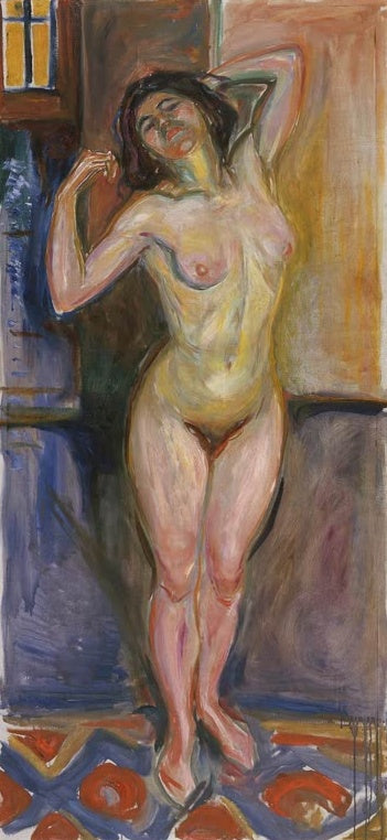 Edvard Munch Stehender Akt mit Armen hinter dem Kopf Kunstkopie, weiblicher Akt in warmem Licht vor gemustertem Teppich