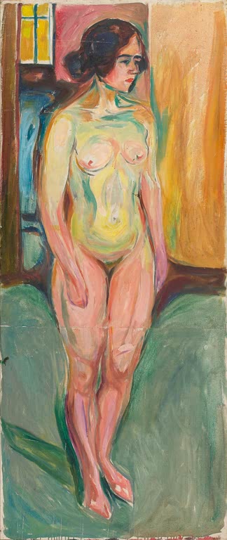 Weiblicher Akt steht vor einem Fenster neben grünem Sofa – Edvard Munch Stehender Akt Mittag Kunstkopie