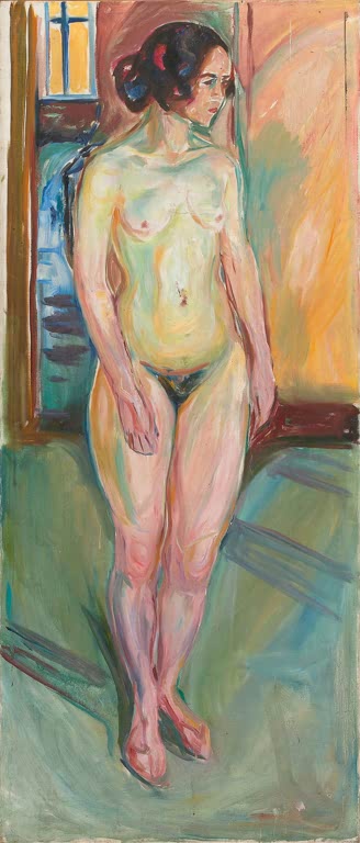 Stehende nackte Frau neben einem Fenster, den Blick zur Seite gesenkt – Edvard Munch Stehender Akt: Mittag Kunstkopie