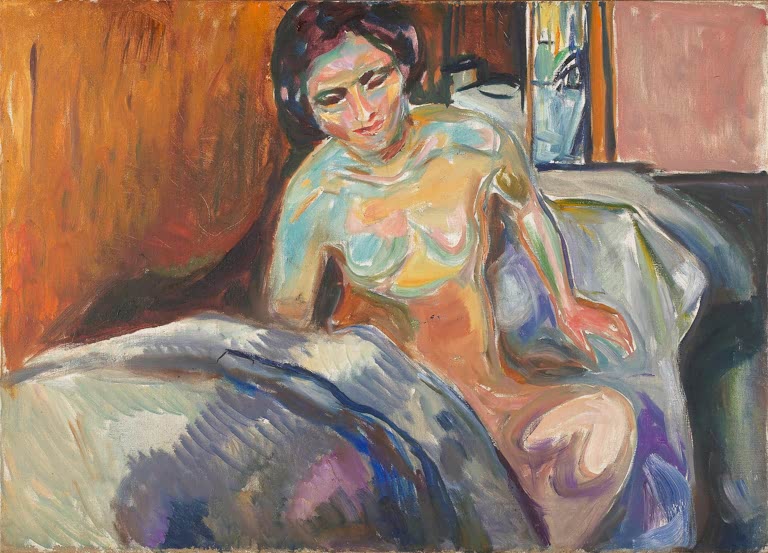 Nackte Frau stützt sich auf ein zerwühltes Bett, im Hintergrund ein Fenster – Edvard Munch Stehender Akt: Morgen Kunstkopie
