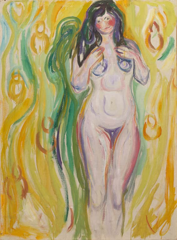 Nackte Frau mit dunklem Haar steht vor gelb-grünem Grund mit Linienspiel – Edvard Munch Stehender Akt Kunstkopie