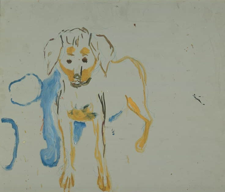 Stehender Hund mit gelben Konturen auf graugrünem Grund, daneben blaue Farbflächen – Edvard Munch Stehender Hund Kunstkopie