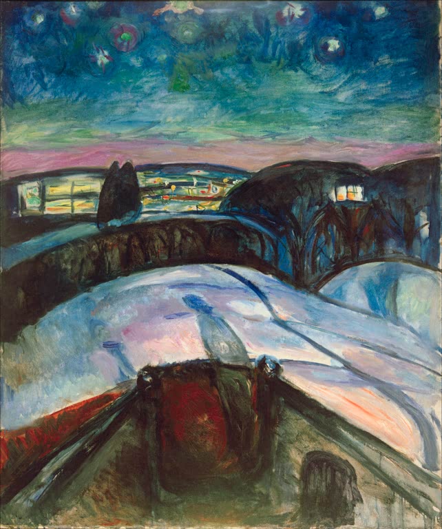 Verschneite Landschaft mit Haus und Bäumen unter einem sternenklaren Nachthimmel – Edvard Munch Sternennacht II Kunstkopie