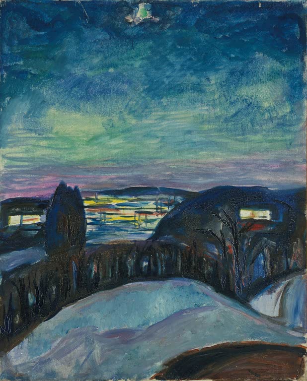 Winterlandschaft unter blaugrünem Nachthimmel mit Stern und beleuchteten Fenstern – Edvard Munch Sternennacht Kunstkopie