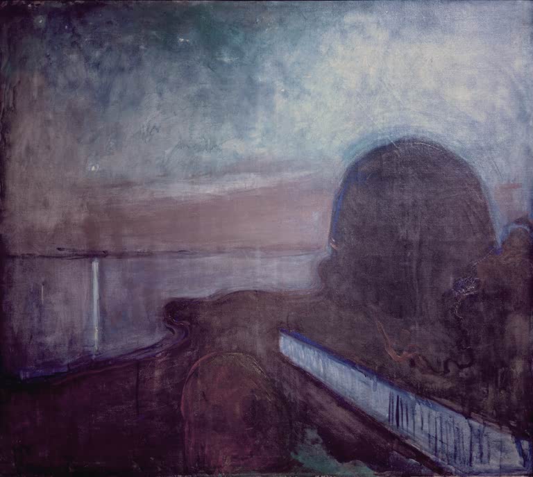Dunkle Küstenlandschaft in Violett mit Zaun, Hügel und fahlem Himmel – Edvard Munch Sternennacht Kunstkopie