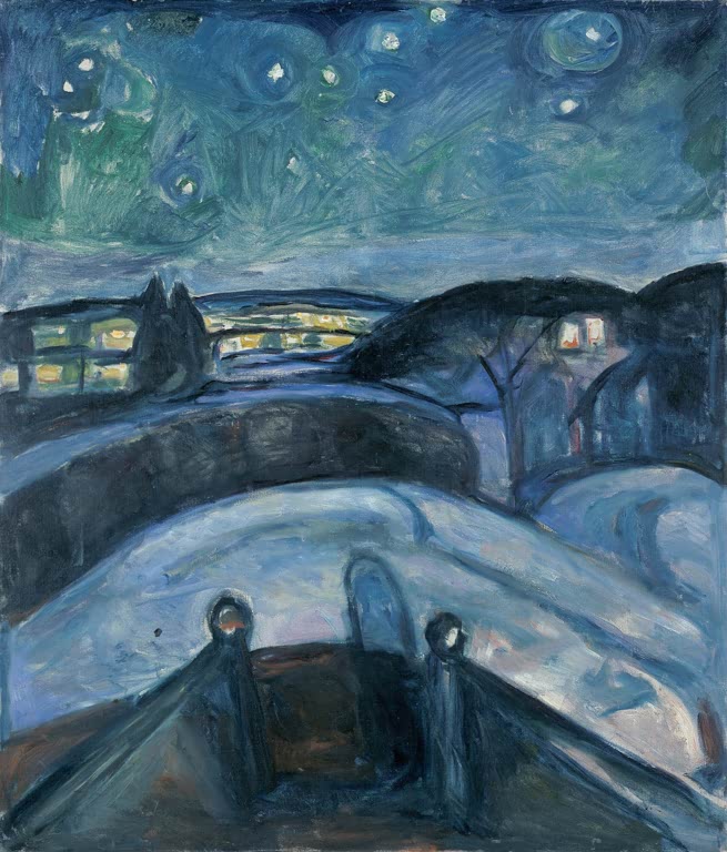 Blaue Nacht mit Sternen über Hügeln und beleuchteten Häusern, vorn ein Geländer – Edvard Munch Sternennacht Kunstkopie