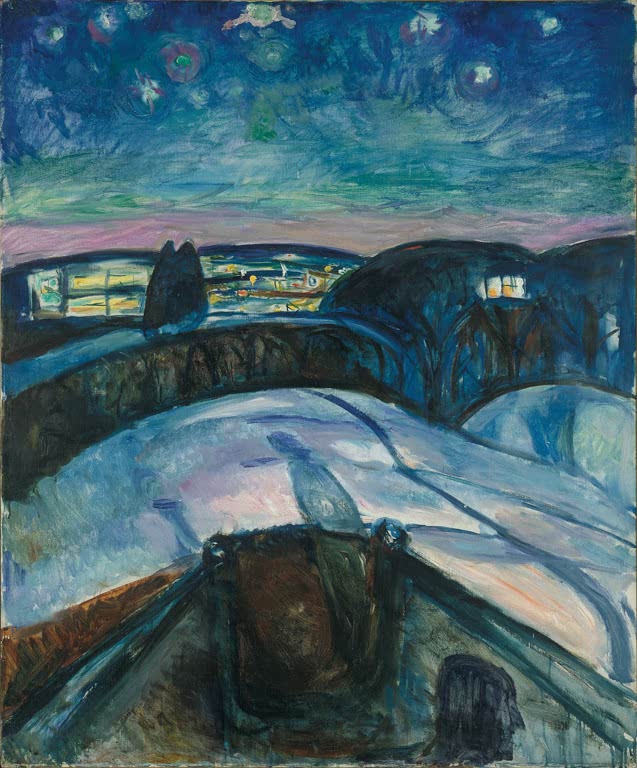 Sternenhimmel über dunkler Küste mit Lichtern, vorn ein Geländerpfosten – Edvard Munch Sternennacht Kunstkopie