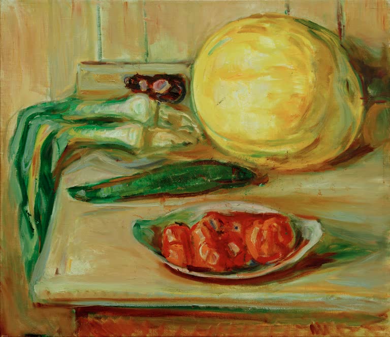 Kürbis, Gurke und Schale mit roten Früchten auf einem Tisch – Edvard Munch Stilleben mit Kürbis Kunstkopie
