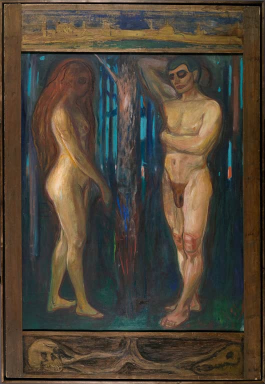 Nackter Mann und nackte Frau zwischen Baumstämmen, gemalter Rahmen mit Totenkopf – Edvard Munch Stoffwechsel Kunstkopie