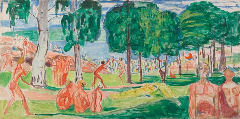 Edvard Munch Strand Kunstkopie, Uferszene mit Bäumen und bunter Menschenmenge in Grün- und Orangetönen
