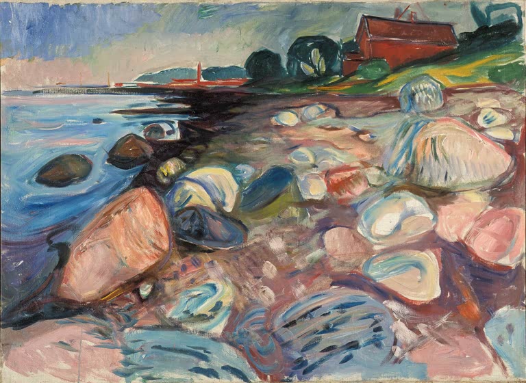 Felsige Küste mit rosa Steinen im Wasser und rotem Haus – Edvard Munch Strand Kunstkopie
