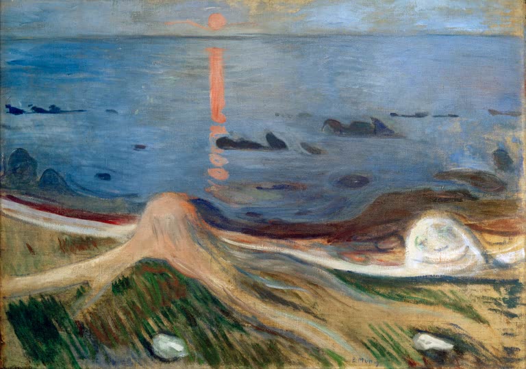 Abendliches Meer mit roter Sonnenspiegelung vor hügeliger Küste – Edvard Munch Strandmystik Kunstkopie
