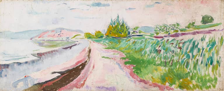 Schmaler Weg führt zwischen Küste und grünen Feldern in hellem Strandlicht – Edvard Munch Strandstudie Kunstkopie