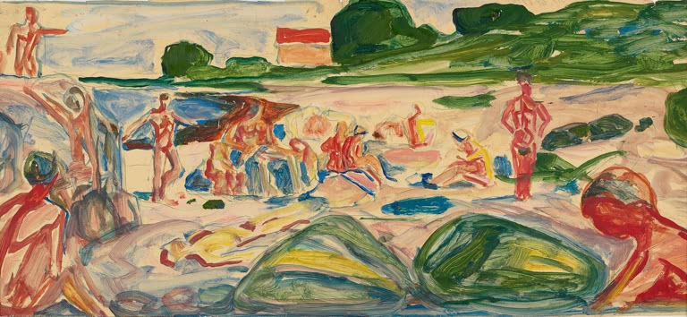 Badende an einem Strand mit grünen Felsen und rotem Haus – Edvard Munch Strandszene Kunstkopie
