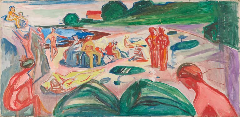 Bunte Strandszene mit Badenden und Liegenden unter grünen Hügeln – Edvard Munch Strandszene Kunstkopie
