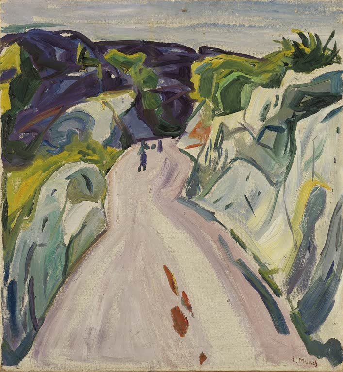 Heller Weg windet sich zwischen weißen Felsen und violetten Hügeln hindurch – Edvard Munch Straße bei Kragerø Kunstkopie