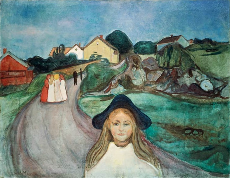 Mädchen mit dunklem Hut vor einer Dorfstraße, im Hintergrund bunte Häuser – Edvard Munch Straße in Asgardstrand Kunstkopie