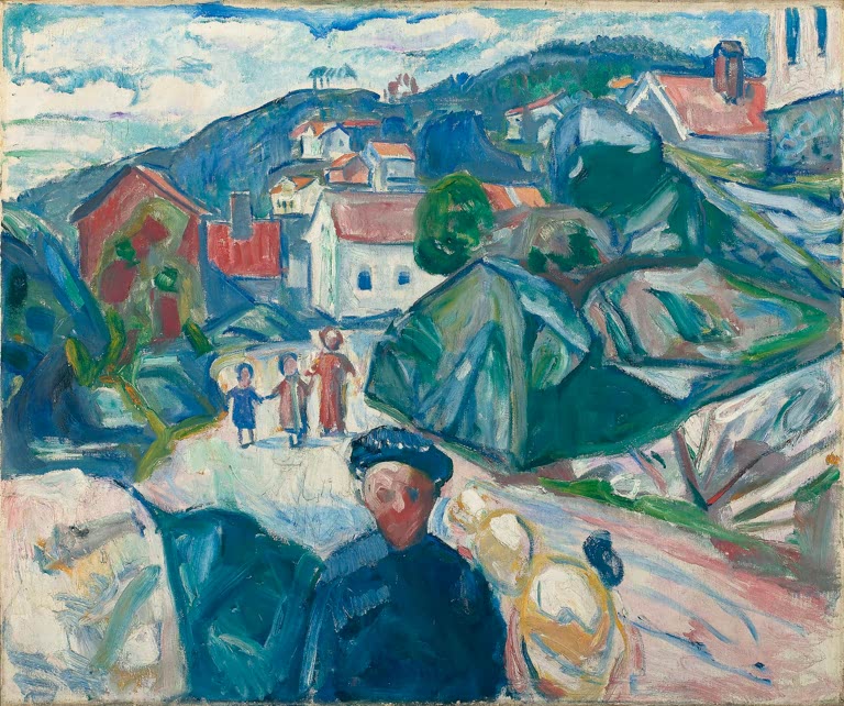 Häuser einer Küstenstadt zwischen Hügeln, vorn ein Mann mit Mütze – Edvard Munch Straße in Kragerø Kunstkopie