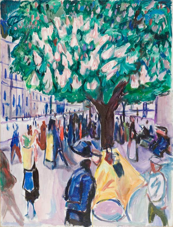 Menschengruppe unter blühender Kastanie an einer Straße mit Häusern – Edvard Munch Straße mit Kastanien in Blüte Kunstkopie
