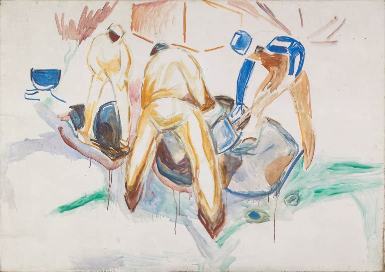 Arbeiter in gelber Kleidung beugen sich im Schnee zur Arbeit – Edvard Munch Straßenarbeiter im Schnee Kunstkopie