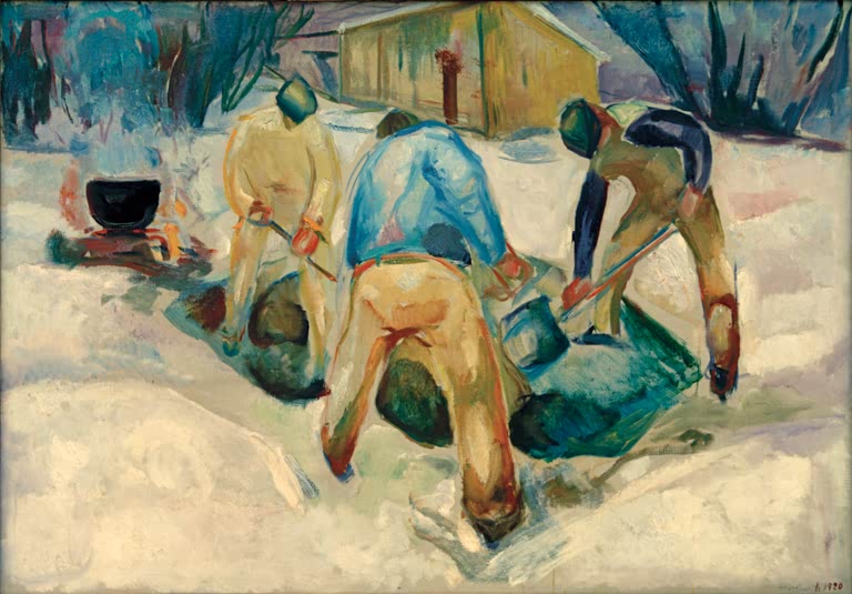 Arbeiter graben im Schnee neben einem Feuer mit Kessel und Holzhütte – Edvard Munch Straßenarbeiter im Schnee Kunstkopie