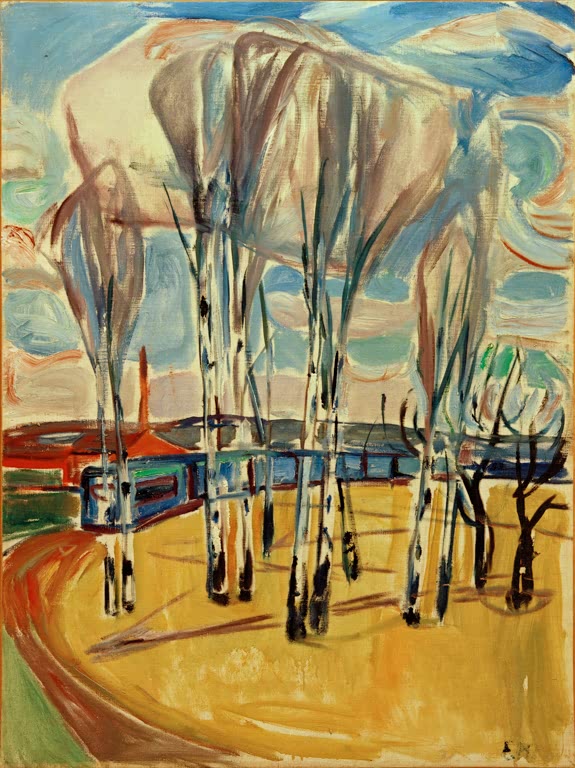 Birkenstämme vor einer blauen Straßenbahn und verschneitem Hang – Edvard Munch Straßenbahnwendestelle bei Sköyen Kunstkopie
