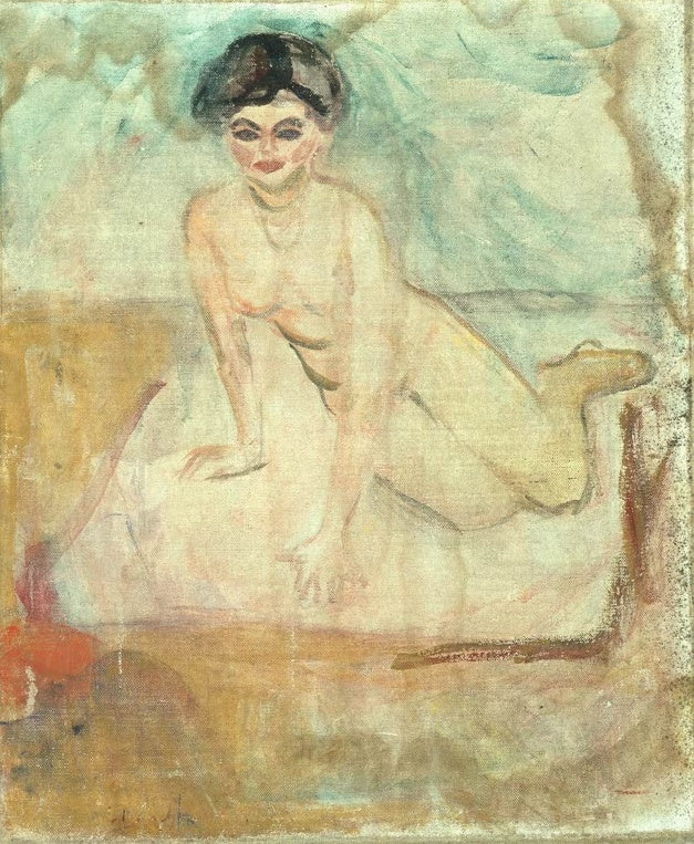Edvard Munch Studie eines Aktes Kunstkopie, kniender weiblicher Akt mit dunklem Haar vor hellblauem und ockerfarbenem Grund