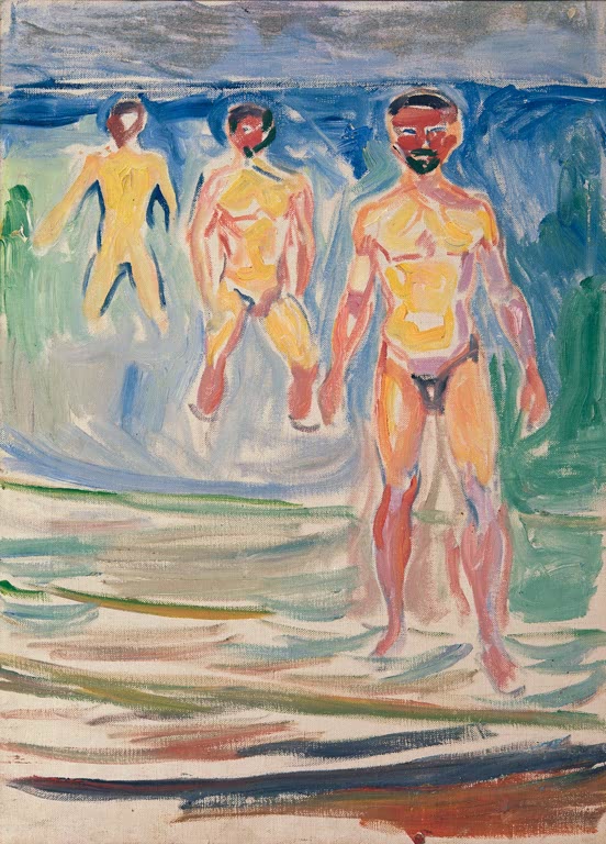 Drei nackte Männer stehen im flachen Wasser vor heller Küste – Edvard Munch Studie für Badende Männer Kunstkopie