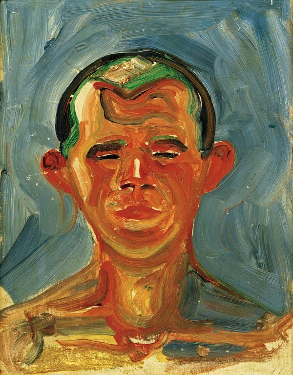 Kopf eines jungen Mannes mit grünlichem Schatten vor blauem Hintergrund – Edvard Munch Studie für Jugend Kunstkopie