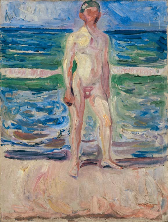 Nackter junger Mann steht am Strand vor blaugrünen Wellen – Edvard Munch Studie für Jugend Kunstkopie
