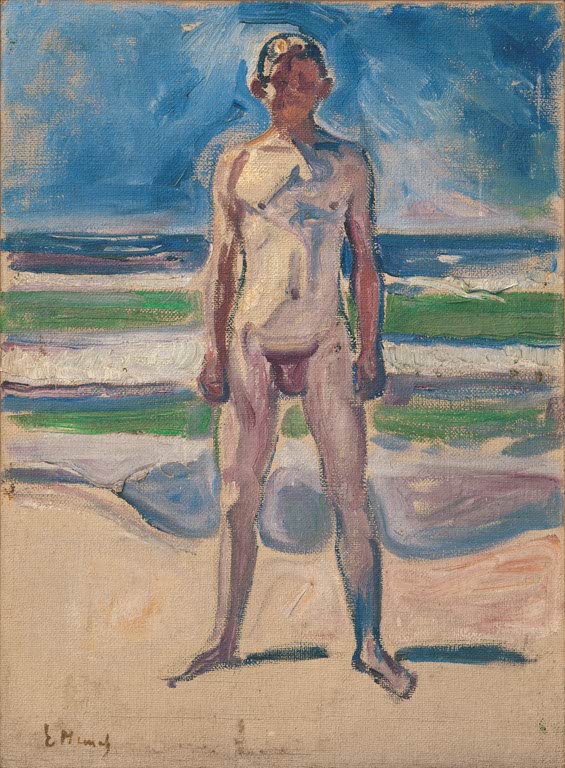 Nackter junger Mann steht frontal am Strand vor Meer und Himmel – Edvard Munch Studie für Jugend Kunstkopie