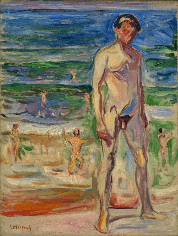 Nackter Mann steht am Strand, hinter ihm baden mehrere Menschen im Meer – Edvard Munch Studie für Jugend Kunstkopie