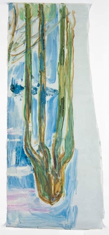 Schlanke grüne Baumstämme vor hellem Grund in weichen Blautönen – Edvard Munch Studie für knotige Baumstämme Kunstkopie