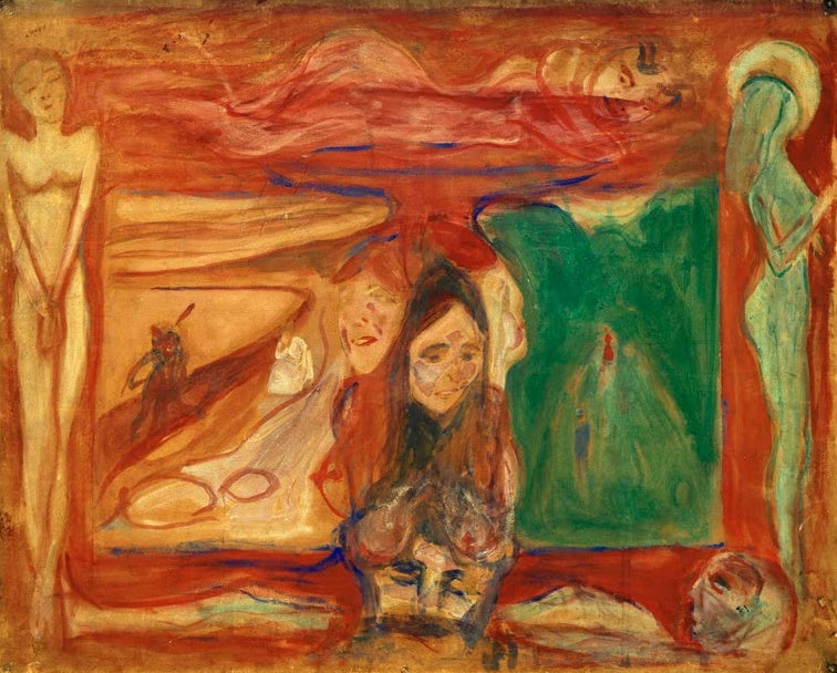 Rot gerahmte symbolische Szene mit Frauenfiguren und einer grünen Fläche – Edvard Munch Symbolische Studie Kunstkopie