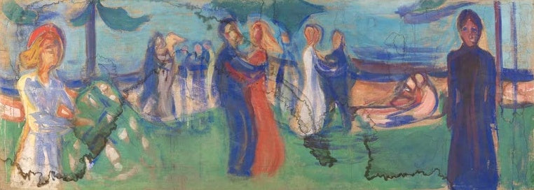 Edvard Munch Tanz am Strand Kunstkopie, tanzende Paare am Ufer mit einsamer schwarz gekleideter Frau