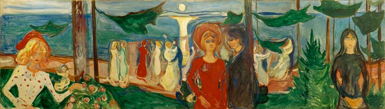 Langgestreckter Fries mit tanzenden Menschen am Strand unter heller Sonne – Edvard Munch Tanz am Strand Kunstkopie