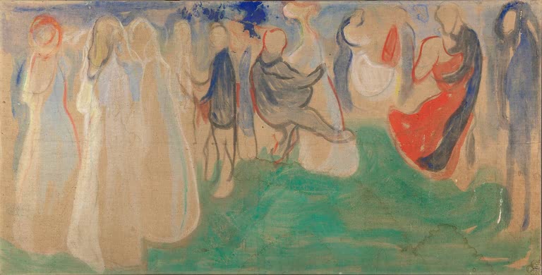 Blasse Tänzerinnen und Paare auf grüner Wiese in zarten Farben – Edvard Munch Tanz Kunstkopie