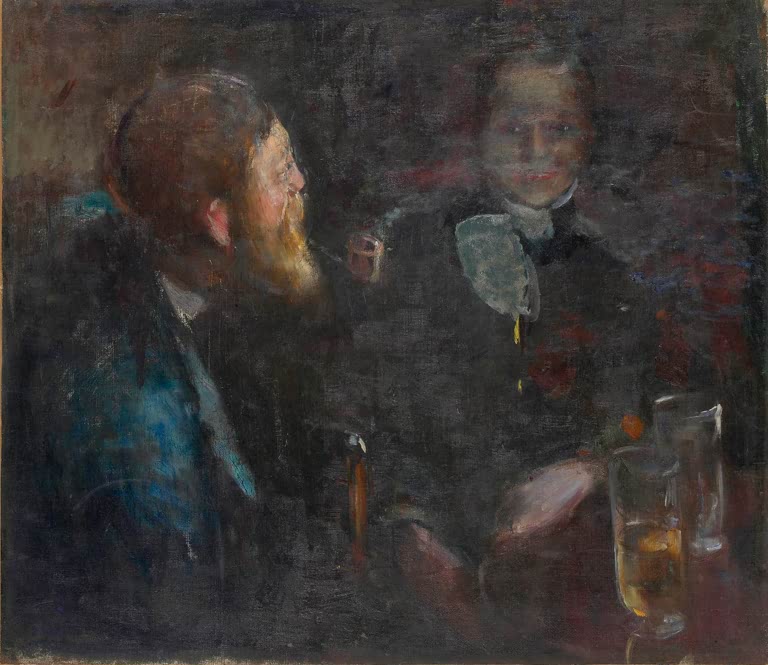Zwei Männer im Halbdunkel am Tisch mit Bierglas, einer raucht – Edvard Munch Tête-à-tête Kunstkopie