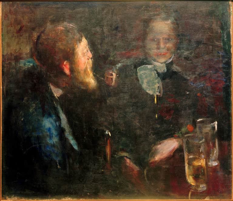 Zwei Männer sitzen im Gespräch an einem Tisch mit Biergläsern, einer raucht – Edvard Munch Tête-à-tête Kunstkopie