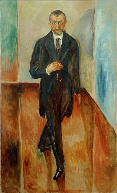 Ganzfigurenporträt eines Herrn im dunklen Anzug in einem Zimmer mit Holzboden – Edvard Munch Thorvald Lochen Kunstkopie