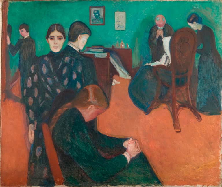 Trauernde Personen im Krankenzimmer vor grüner Wand und orangefarbenem Boden – Edvard Munch Tod im Krankenzimmer Kunstkopie