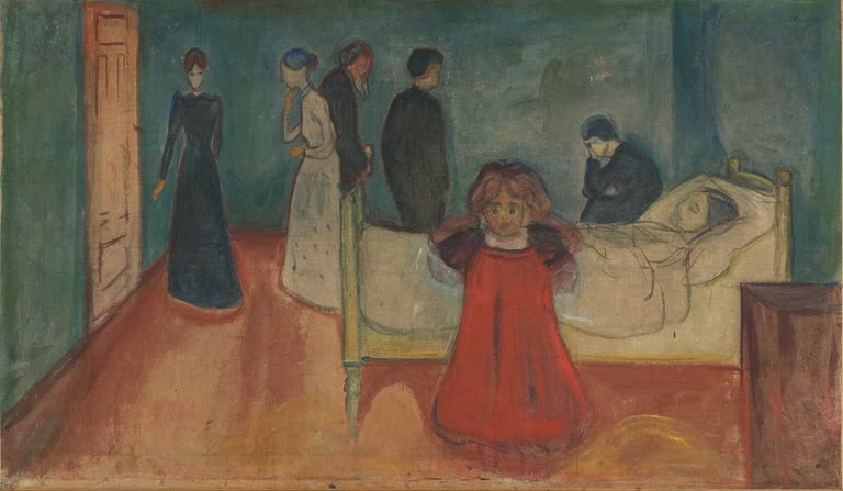 Krankenbett im grünlichen Raum, davor ein Mädchen in Rot, dahinter Trauernde – Edvard Munch Tod und das Kind Kunstkopie