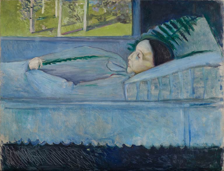 Verstorbene Frau liegt mit Farnzweig im blauen Bett vor einem Fenster – Edvard Munch Tod und Frühling Kunstkopie