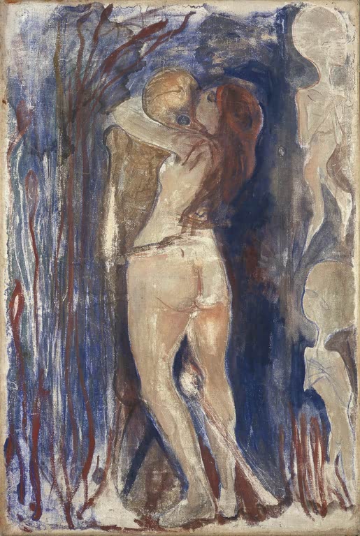 Nacktes Paar in innigem Kuss vor dunkelblauem Grund mit roten Linien – Edvard Munch Tod und Leben Kunstkopie